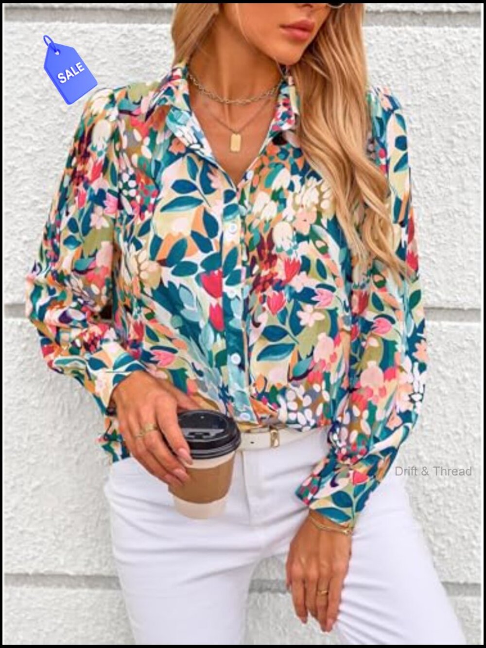 Floral Blouse V-Neck Button Down Lantern Long Sleeve Chiffon Top Boho Shirt - Picture 5 of 7